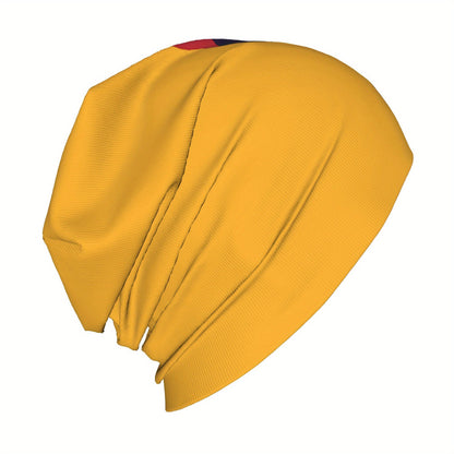 African Woman Print Beanie Hat - Vibrant Mustard Yellow with Colorful Geometric Patterns, Unisex Stretchy Knit Cap for Men & Women, Fashionable Cultural Design for Casual & Festive Occasions, Stylish Headgear, Modern Chic Hat