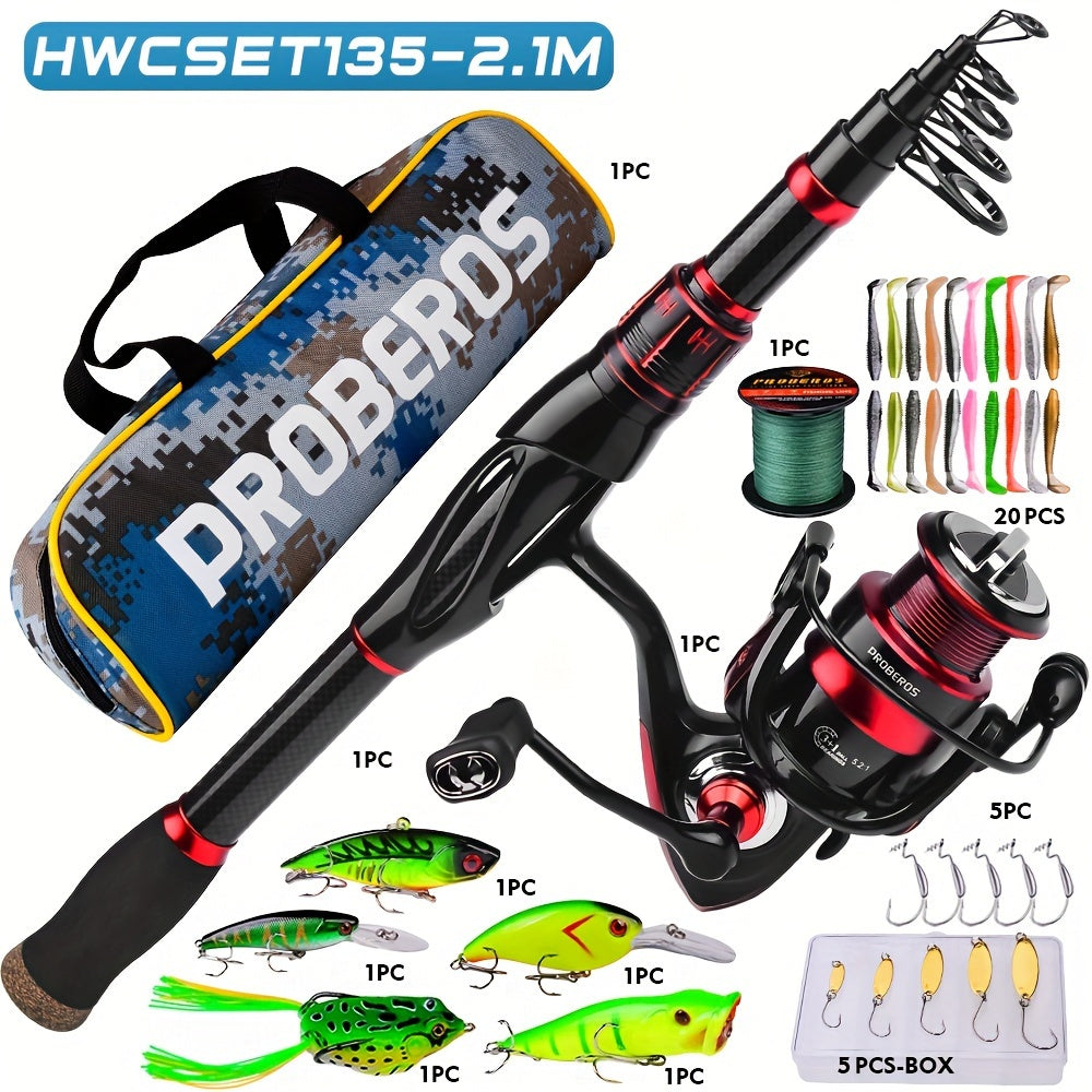 Proberos Carbon Fiber Telescopic Fishing Rod and Reel Combo - Ambidextrous Medium Action Spinning Reel with 2000 Series, Freshwater Bass Fishing Kit for Thanksgiving, Christmas, Father's Day, Fishing Gear