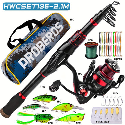 Proberos Carbon Fiber Telescopic Fishing Rod and Reel Combo - Ambidextrous Medium Action Spinning Reel with 2000 Series, Freshwater Bass Fishing Kit for Thanksgiving, Christmas, Father's Day, Fishing Gear