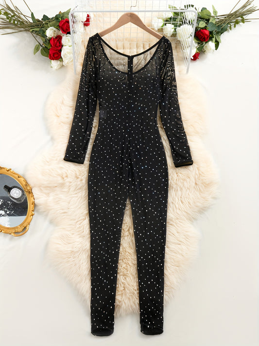 Women'S Elegant Sexy Black Sequin & Mesh Onesie - Lace Trim Full Coverage Bodysuit, Stretchy Elegant Party Outfit for Nightclub, Formal Events, Photo Shoots - Sexy Clubwear Clothing for Women Adults, Sexy Clothes for Women, N
