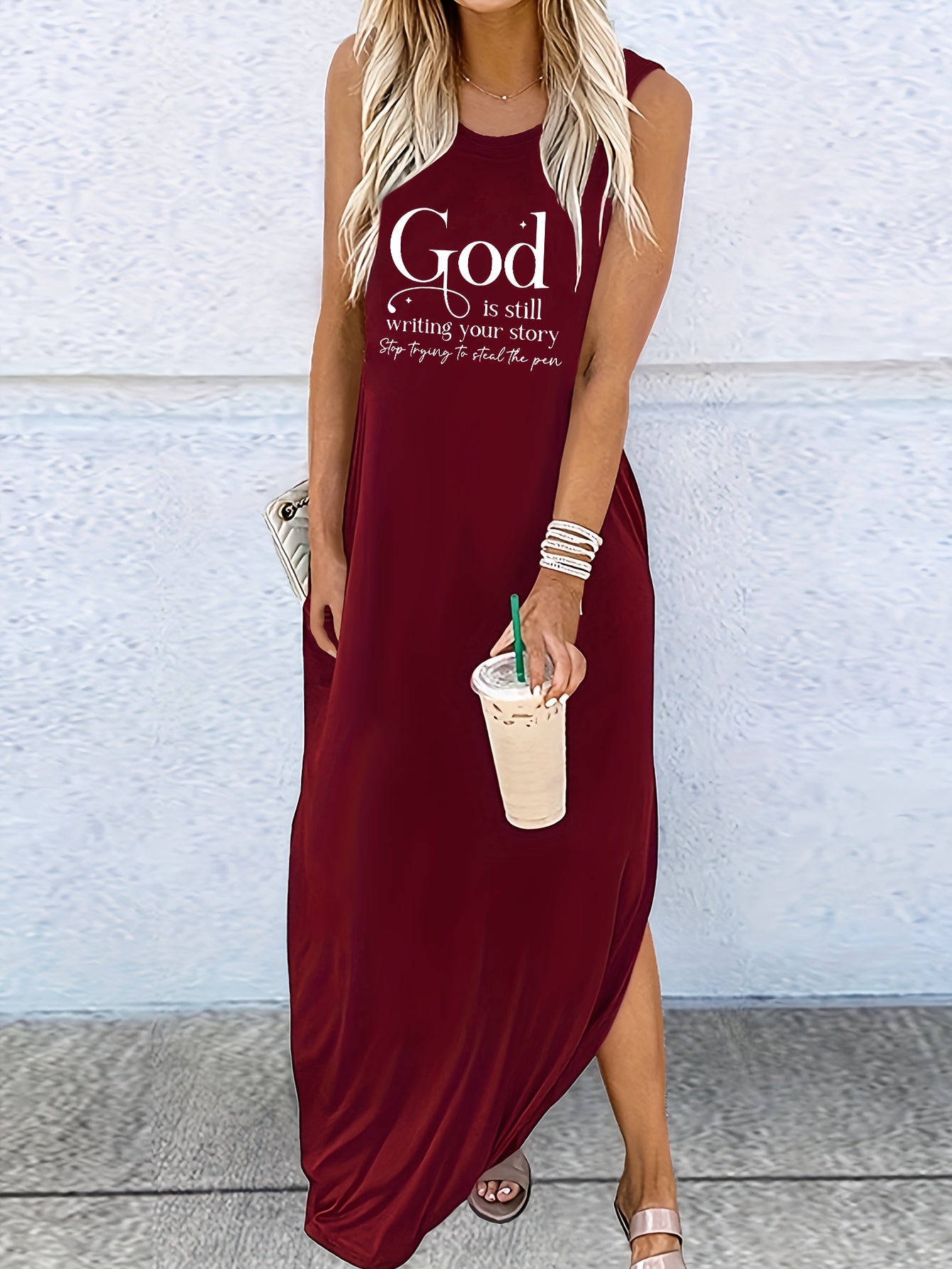 Letter Print Dress, Casual Crew Neck Sleeveless Maxi Dress, Women's Clothing