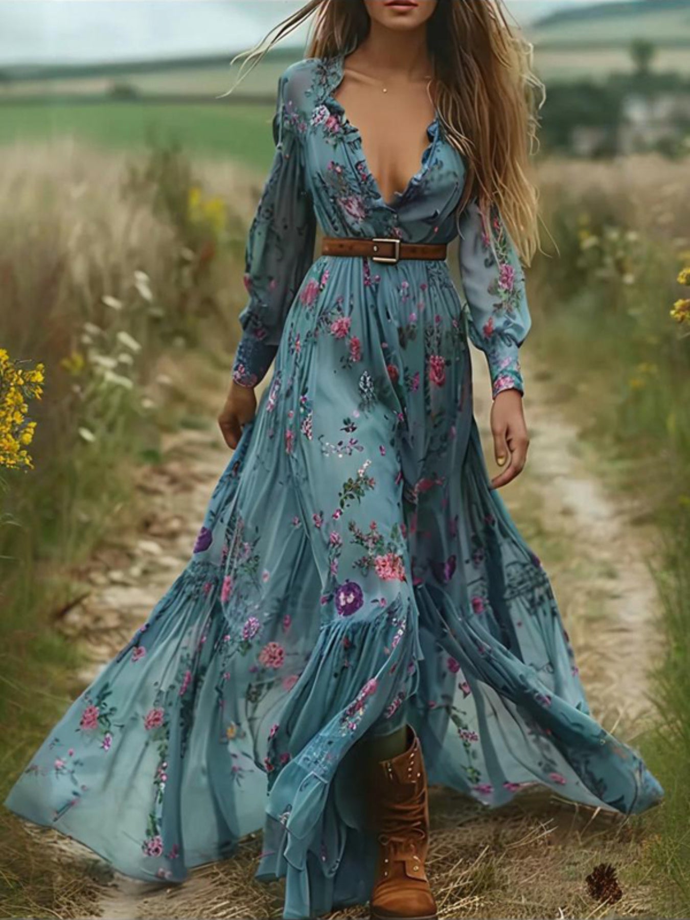 Women'S Long Sleeve Dress with Lace Trim & Elastic Cuffs | Flowy Floral Print A-Line Retro Dress, Elegant V-Neck, Long Length, Belted, Perfect for Spring/Summer - SCACTO