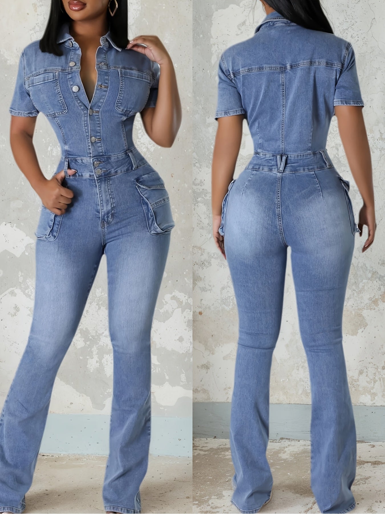 Women's Retro Denim Jumpsuit - Leg-elongating Flare Bell-Bottom Suit, Collar Short Sleeve Tight-Fit all-Season Wear for Parties Weddings Dates | Hand Washable Solid Color Outfit (No )