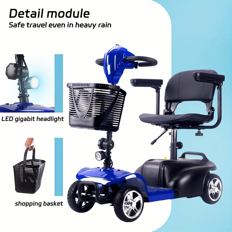 The Foldable Mobility Scooter Features A 250W Motor And Reaches A Speed Of 6 Mph.This Senior-friendly Scooter Has A 15-17 Mile Range, 13.5Ah Battery, All-terrain Tires, And Comes with A Detachable Seat, Basket, Phone Holder,