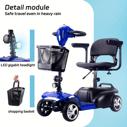 The Foldable Mobility Scooter Features A 250W Motor And Reaches A Speed Of 6 Mph.This Senior-friendly Scooter Has A 15-17 Mile Range, 13.5Ah Battery, All-terrain Tires, And Comes with A Detachable Seat, Basket, Phone Holder,