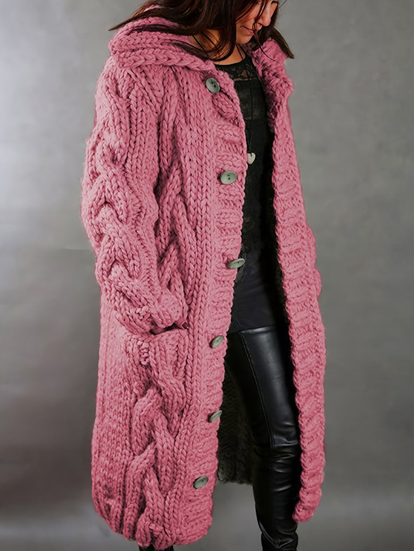 Plus Size - Cardigan for Women in Fall And Winter - Casual Plus Size, Oversized Design with Long Sleeves Featuring a Cable Pattern, Single Row of Buttons, Pockets, And a Long Length. Made from Soft Fabric, It Can Be Hand Wash