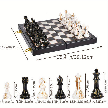 15" Large Chess Set For Adults With Weighted Acrylic Chess Pieces 3.5" King Portable Folding Marbling Wooden Chess Board Travel Chess Sets Family Board Game Gift Elegant Classic Chess Game
