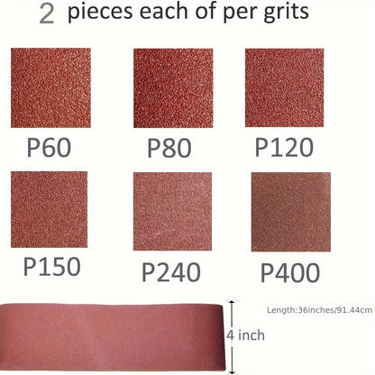 12pcs Sanding Belt Set, 4x36 Inches, Aluminum Oxide Grit 60/80/120/150/240/400, High-Quality Sandpaper Strips with Nylon and Cloth Backing, Suitable for Portable Grinding Tools, All-Season Use. Christmas, Halloween Party Supp