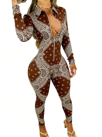 Brown Women's Long Sleeve Jumpsuit with Paisley Print - Slim Fit, Stylish & Sexy for Dates, Parties & Daily Outings, Sizes 2XS-2XL