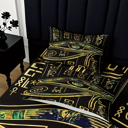 3pcs Comfortable Egyptian Hieroglyphics Theme Bed Fitted Sheet Set - Soft High-Definition Digital Print, Soft, Breathable 100% Polyester, Perfect Gift, All-Season Family And Friends Gift