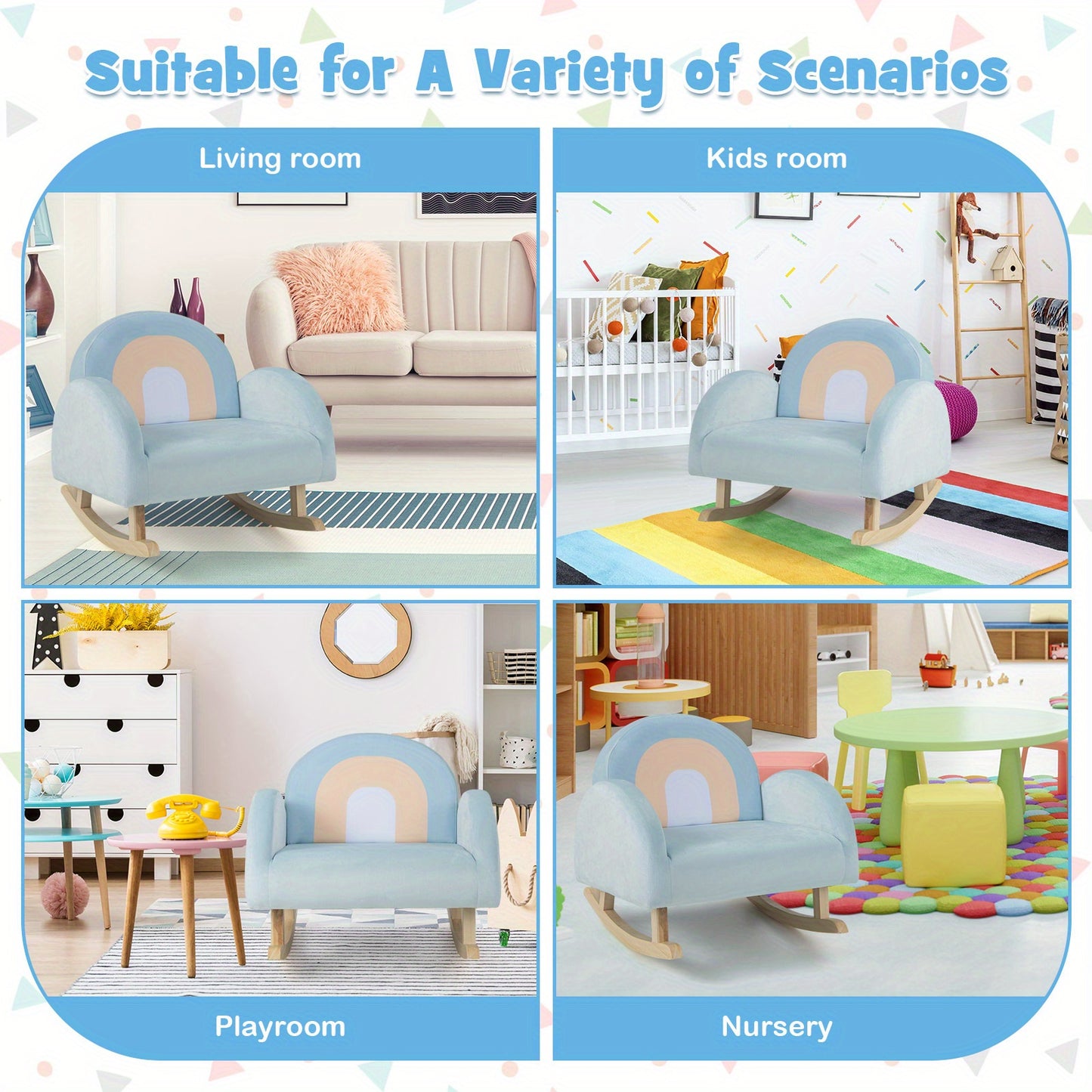 LIFEZEAL Toddler Rocking Chair, Children'S Upholstered Rocker with Solid Rubber Wood Frame & Soft Velvet Cover, Anti-tipping Design, Kids Armchair for Nursery, Playroom, Bedroom, Kindergarten, Blue