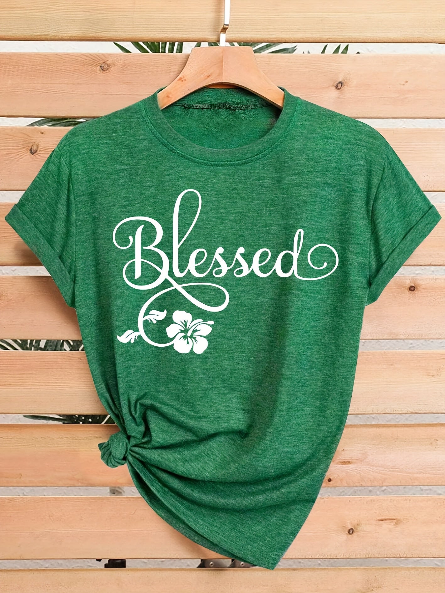 Women's Casual Short Sleeve T-Shirt - Blessed Floral Print Retro Style, Soft Stretch Round Neck Top, Machine Washable All-Season Comfort, Multi-Color Options S-XXL, Ladies T Shirts