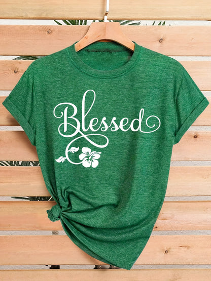 Women's Casual Short Sleeve T-Shirt - Blessed Floral Print Retro Style, Soft Stretch Round Neck Top, Machine Washable All-Season Comfort, Multi-Color Options S-XXL, Ladies T Shirts