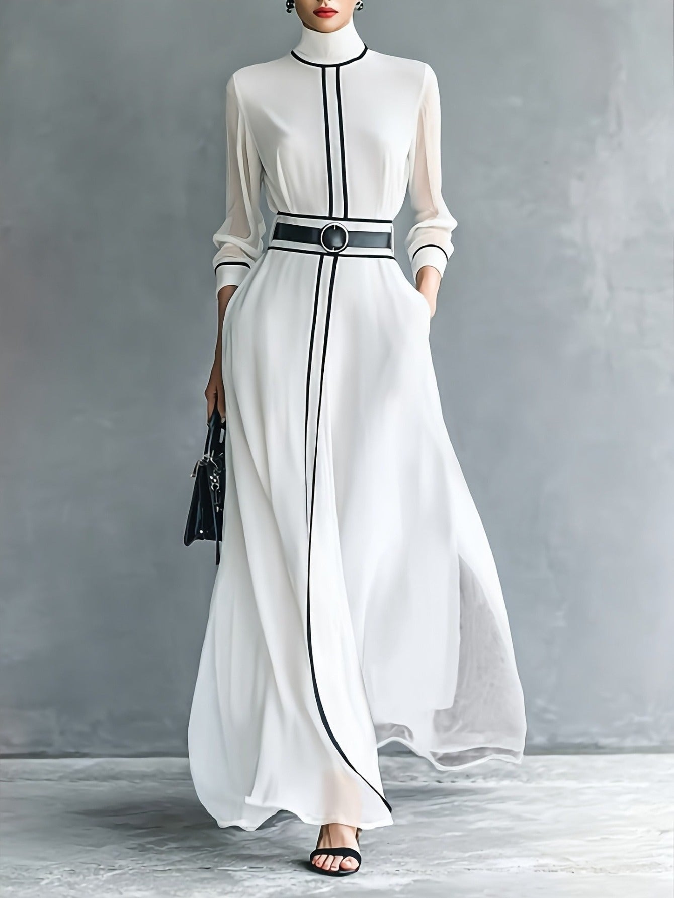 ARTPAGE Spring French Elegant Color-Block Long-Sleeve Dress with High Neck, Chiffon Long Skirt, and Belt