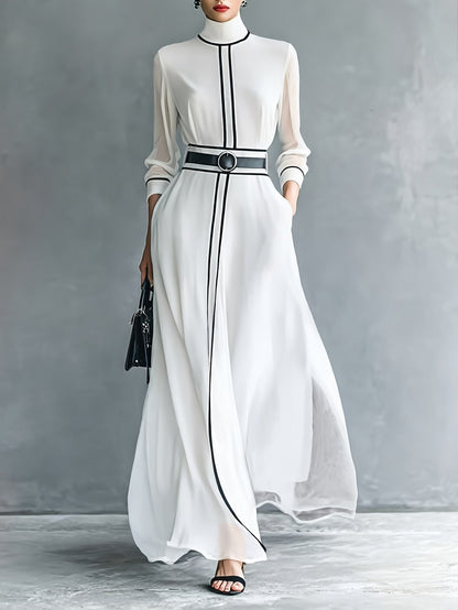 ARTPAGE Spring French Elegant Color-Block Long-Sleeve Dress with High Neck, Chiffon Long Skirt, and Belt