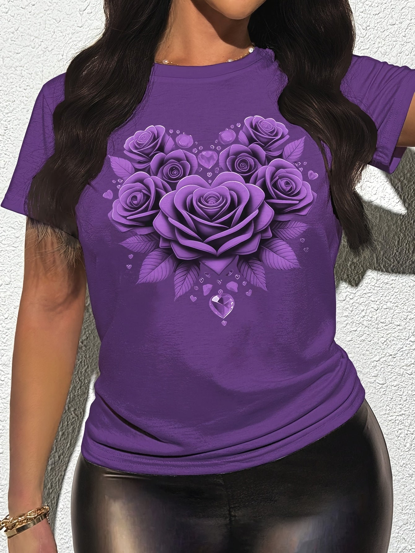 Plus Size Women'S Floral Print T-Shirt - Purple Rose Design, Casual Crew Neck, Short Sleeve, Lightweight & Breathable Summer Top, Regular Fit, Perfect for Casual Attire, Casual Summer Top | Floral Print Tee | Comfortable Fit