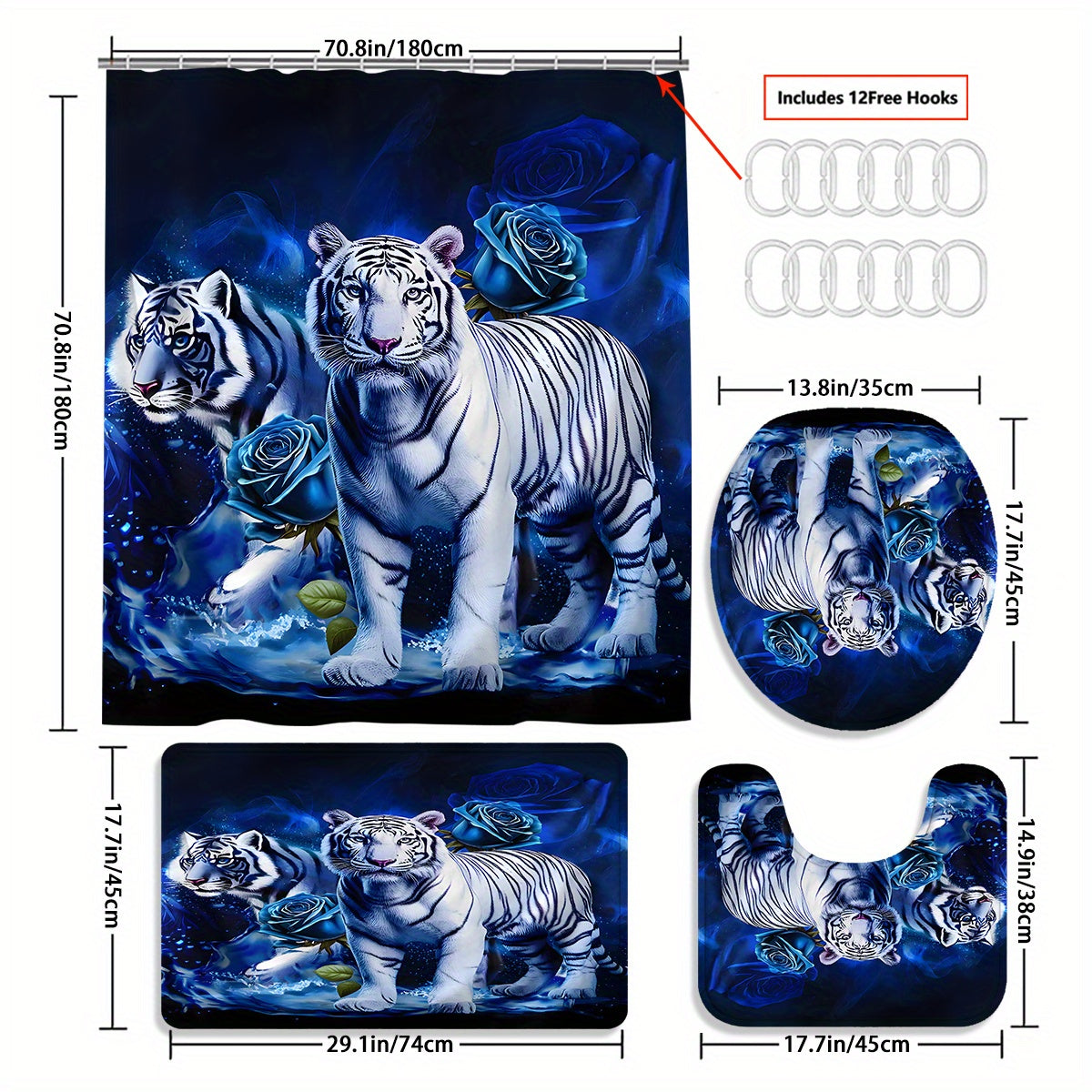 4pcs White Tiger & Blue Rose Bathroom Set - Wet/Dry Shower Curtain System with Non-Slip Mats, Toilet Lid Cover & U-Shaped Mat, 12 Hooks - Luxury Animal Print Bath Decor (Machine Washable, All-Season Use)