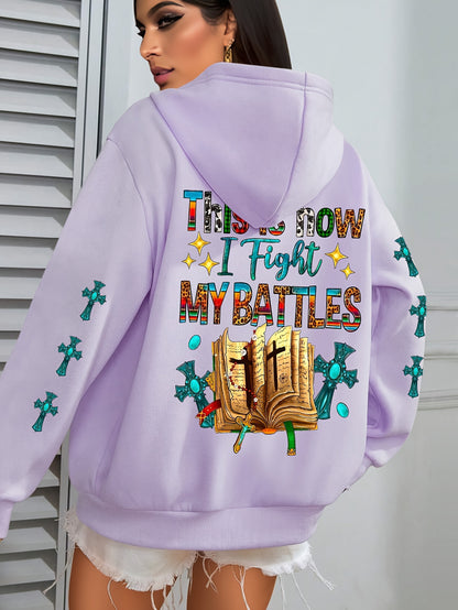 Women's Christian Bible Verse Hooded Sweatshirt "This Is How I Fight My Battles" with Cross & Prayer Hands Print - Winter Warm Hoodie, Long Sleeve Religious Apparel for Church, Prayer Meeting & Christmas (Gray) - Casual Faith