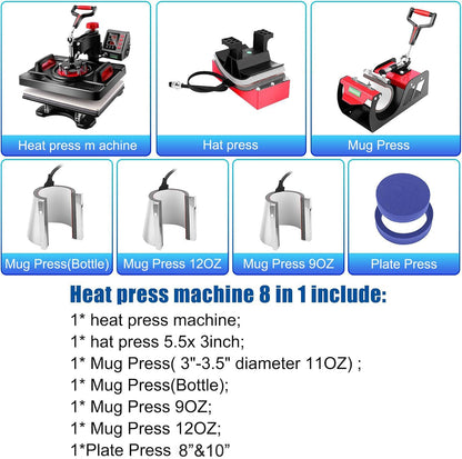 HOMDOX Upgraded 8 in 1 / 5 in 1 Heat Press Machine 15 x 12 Inch Professional Heat Transfer Machine 360-Degree Swing Away Multifunction Industrial-Quality Digital Sublimation Combo Heat Press for T Shirt Mug Hat Plate Cap for