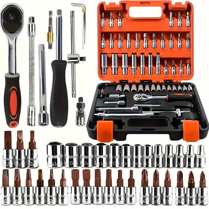 High-End Professional 53&121pcs Tool Set, Car/Bike Repair Machinery Tool Set, 1/2*1/4 "3/8" Drive Depth And Standard Socket, Professional Racing Car Parts Repair Ratchet Wrench And Other Car Repair Parts Tool Set