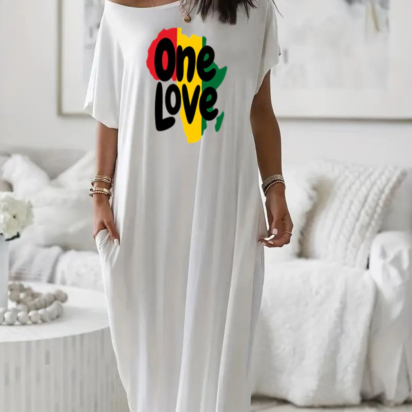 Comfortable Loose Casual Pocket Dress - "One Love" Jamaica Style Pattern Off Shoulder Relaxed Dress