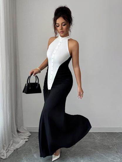 European Style Black White Spliced Maxi Dress | Halter Neck, Sleeveless, Pleated Skirt, Button Details, Elegant Wedding Guest Dress for Fall.