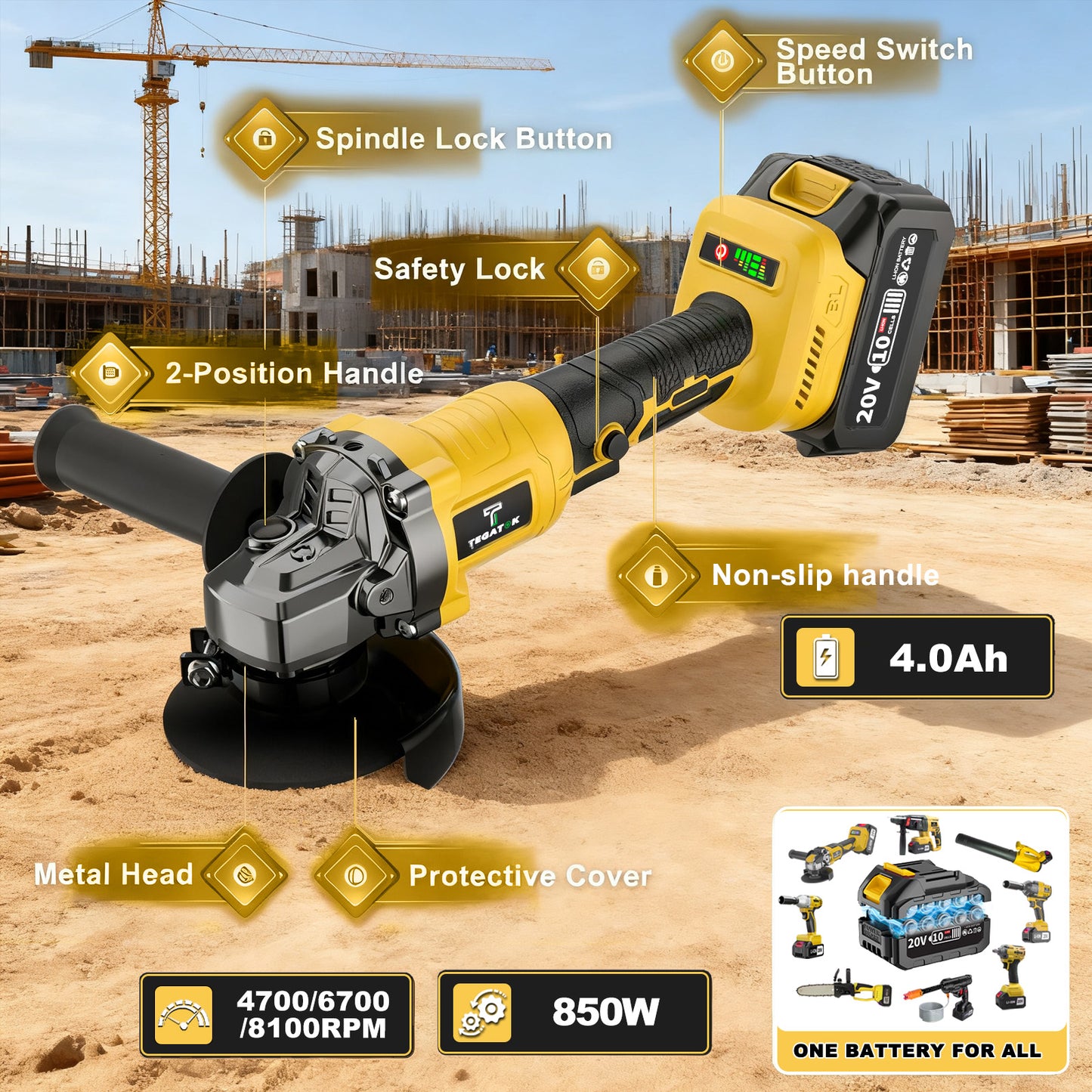 20V Cordless Grinder & Polisher Machine - Heavy-Duty Brushless Motor 9000RPM, Electric Brake, 15pcs Accessory Kit with Grinding/Polishing Pads & Wheel System, 4000mAh Battery- (Battery/AC) for Metalworking, Concrete, Renovati