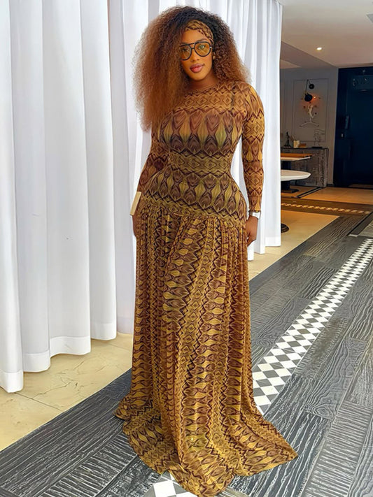 Maxi Dress - Regal Golden and Brown Patterned with Long Sleeves | Elegant Crew Neck - Fitted Style, Perfect for All Seasons, Ruffle Details, by SCACTO