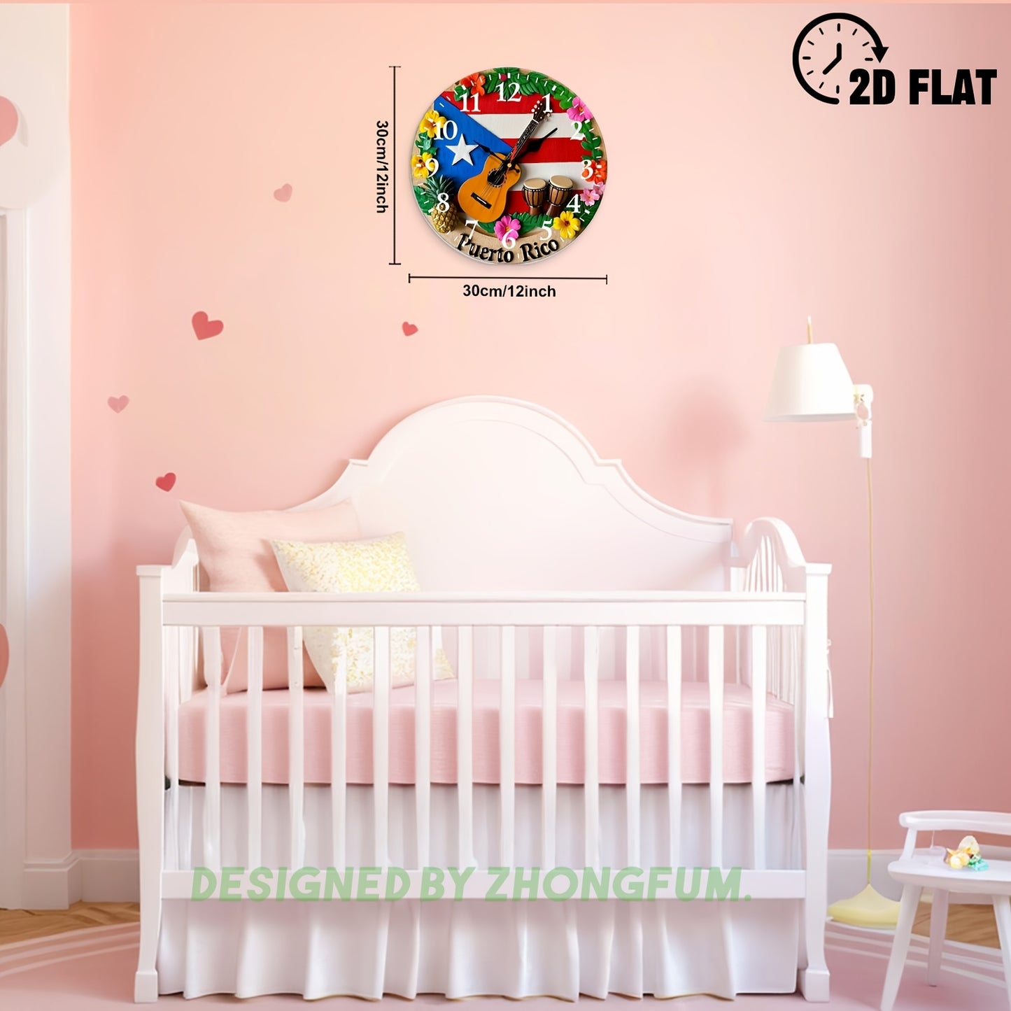 Wall Clock Decoration, Guitar, Drums, Pineapple, Flowers 2D FLAT Pattern Wood Silent Non-Ticking Bedroom Clock, Nursery Wall Clock for Schools, Homes, Christmas Holiday Decoration, Clear Visibility Timepiece 10Inch/12Inch, 2D