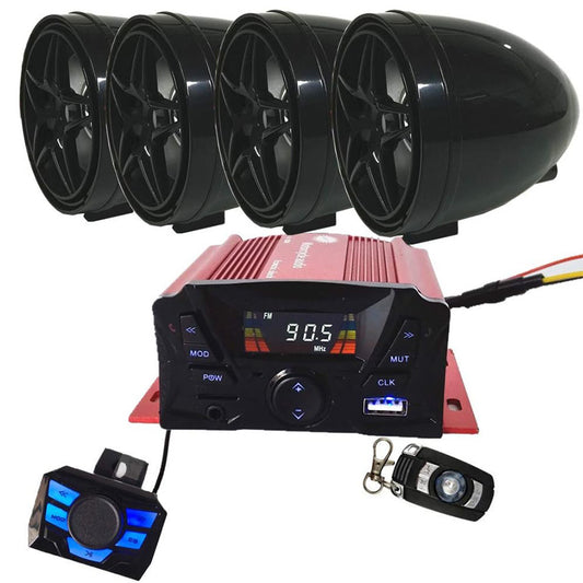 Motorcycle Audio System, 4-Channel High-Power Motorcycle Speaker Set with Anti-Theft Alarm Function, MP3 Stereo Music Player, Audio Amplifier System, Suitable for All-Terrain Vehicles (ATV/UTV)