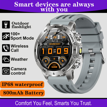 Men'S Smart Watch, Waterproof Smart Watch, Suitable for Outdoor Sports, IP68 Deep Waterproof, Waterproof Speaker, LED Flashlight, Call Answering, Music Control, 800Mah Battery, Compass, Compatible with Iphone And Android Phon
