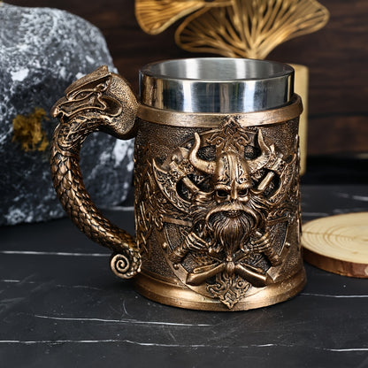 A Viking relief mug, a medieval European Viking beer mug made of stainless steel, with a large capacity of 20.3oz, a powerful Viking warrior coffee cup, a bar specialty cup, and a gift giving for daily life