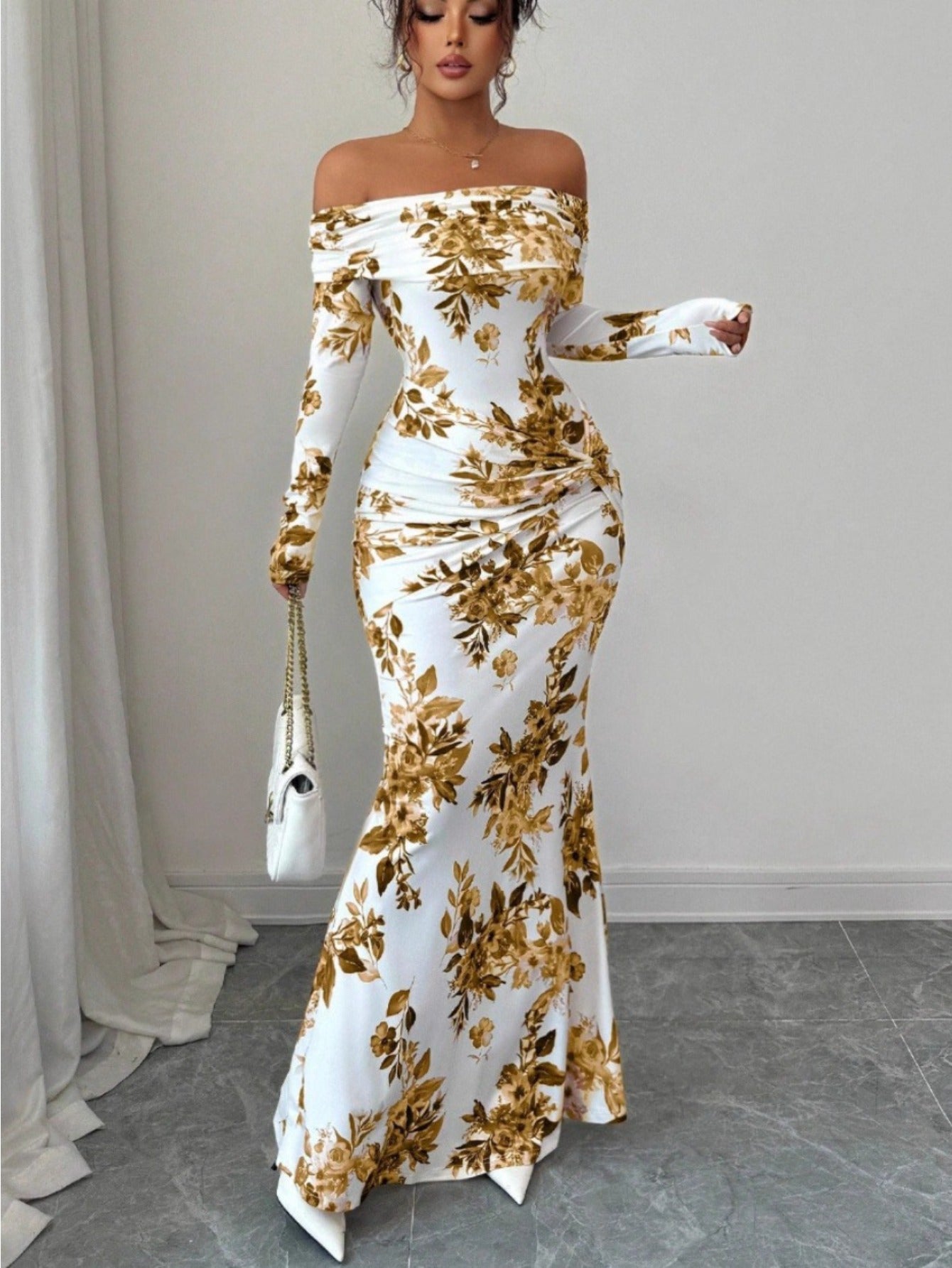 LUCKFOX Women's Clothing 2026 Waist and Thin Spring Early Spring Women's Clothing New Models, Daily Wear, Enjoy Elegant and Beautiful Printed Long Dress Temperament Slim One-word Shoulder Long-sleeved Dress Women Are Now