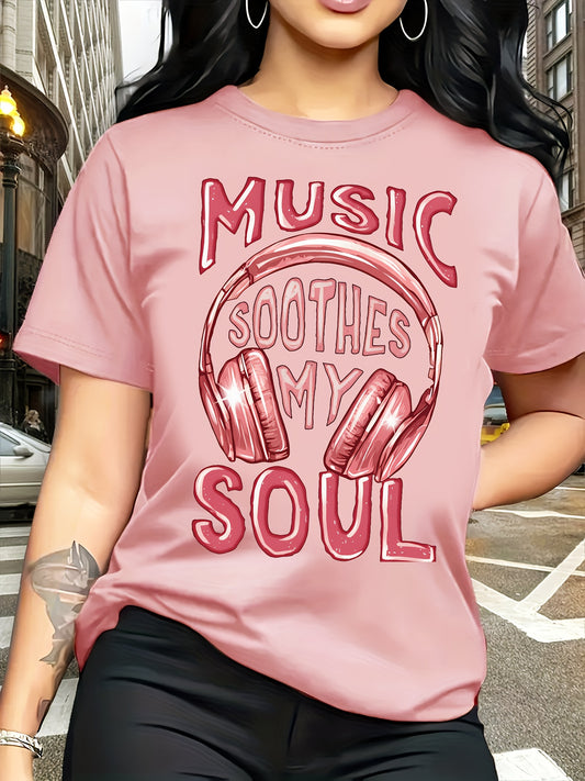 Women's Music Soothes My Soul Headphones & Sound Wave Print T-Shirt - Casual Short Sleeve Round Neck Blouse, Spring Summer Casual Attire for Music Lovers, Machine Washable Comfortable Top