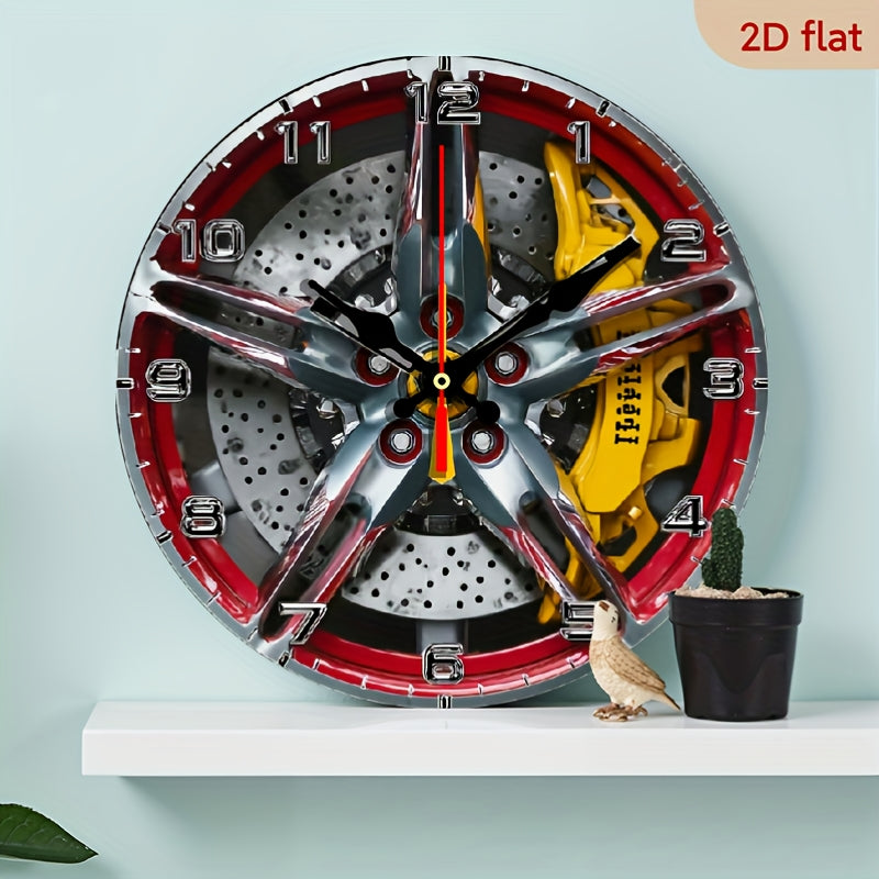 The 2D flat decorative plaque wall clock with the theme of "Exquisite car wheel hub" is equipped with a silent quartz movement. It is an ideal choice for wall decoration and also an excellent gift for birthdays, fireworks, Ch