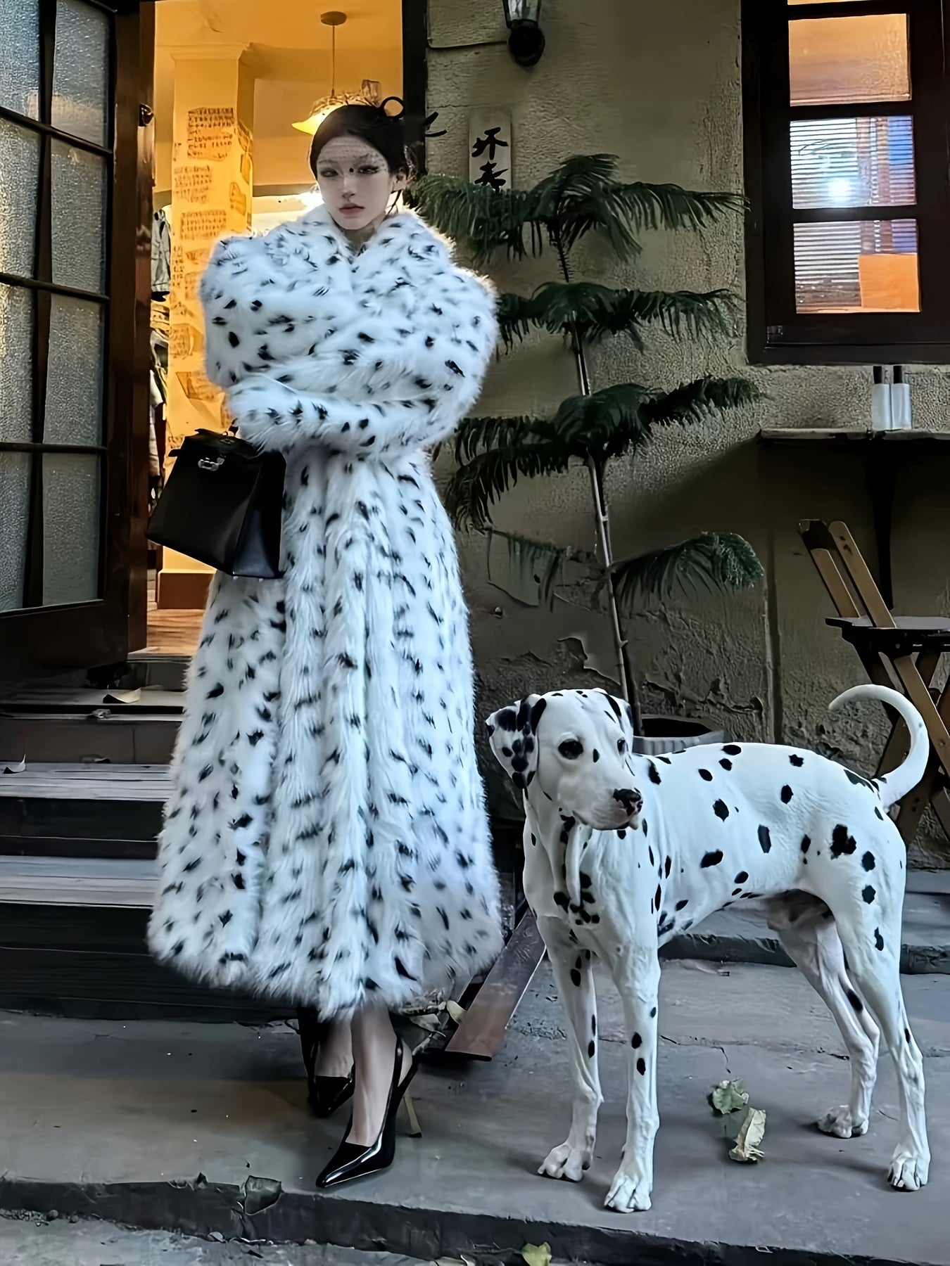 Ladies' Faux Jacket - Black And White Dalmatian Pattern Fluffy Outerwear for Fall/Winter 2025. Vegan-Friendly Fox Coat for Women - Oversized Spotted Black And White Jacket - Cozy And Fashionable Winter Outerwear. New Women'S