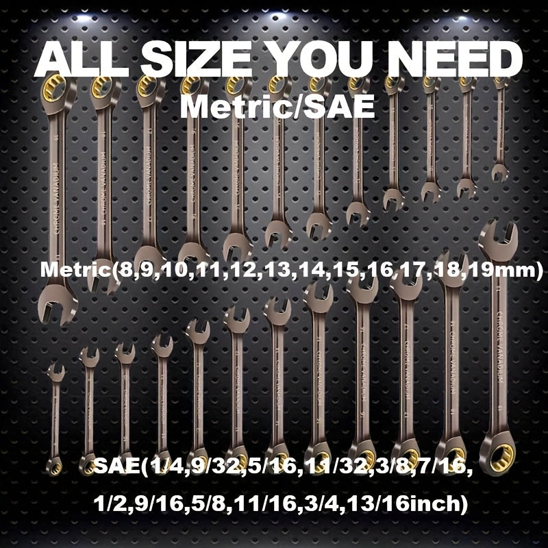 12pcs Nickel Plating Fixed Head Ratchet Wrench Set, Combination Wrench Set Metric 8-19mm&SAE 1/4-13/16Inch, With Rolling Pouch, 72-Tooth Industrial Chrome Vanadium Steel, For Motorcycle And Bicycle Maintenance, Gift For Dad&H