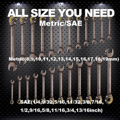 12pcs Nickel Plating Fixed Head Ratchet Wrench Set, Combination Wrench Set Metric 8-19mm&SAE 1/4-13/16Inch, With Rolling Pouch, 72-Tooth Industrial Chrome Vanadium Steel, For Motorcycle And Bicycle Maintenance, Gift For Dad&H