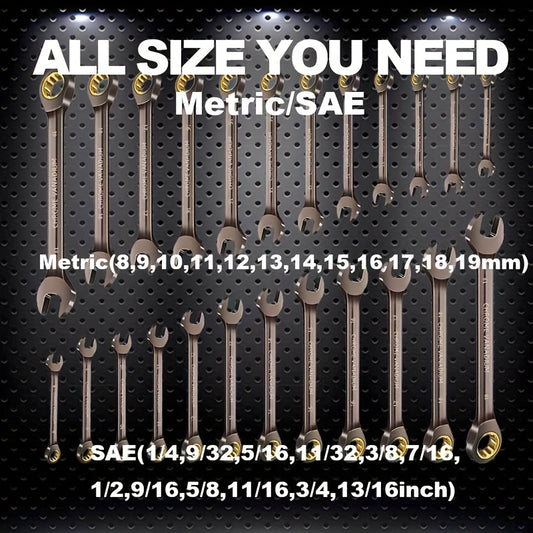 12pcs Nickel Plating Fixed Head Ratchet Wrench Set, Combination Wrench Set Metric 8-19mm&SAE 1/4-13/16Inch, With Rolling Pouch, 72-Tooth Industrial Chrome Vanadium Steel, For Motorcycle And Bicycle Maintenance, Gift For Dad&H