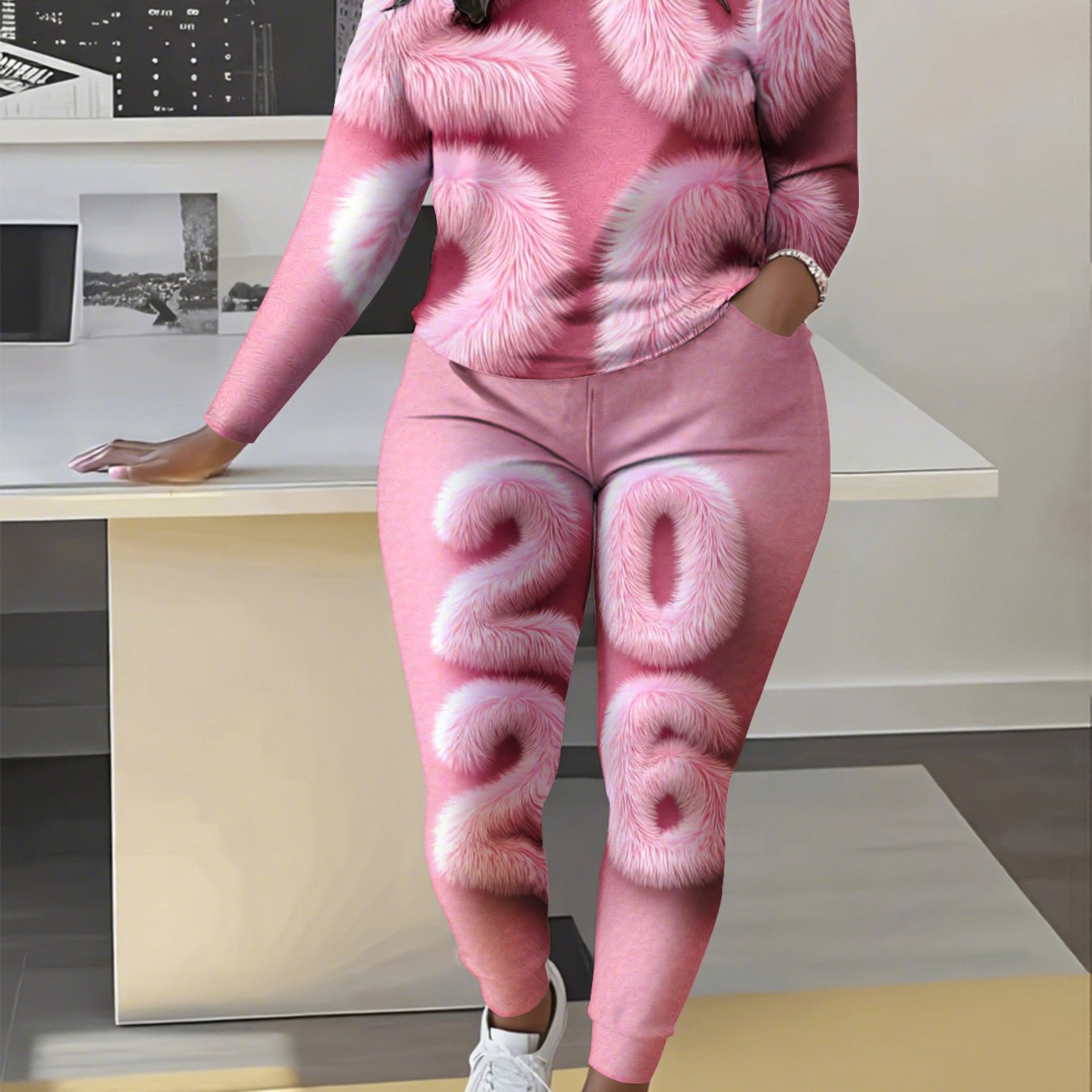 A Stylish Two-Piece Set Featuring a Full Print Fur Design, Consisting of Long-Sleeve Top And Trousers in Pink, Perfect for Travel, Outdoor Gatherings, And Parties. This Complete Outfit Is Ideal for Casual Wear, Gifting, And F
