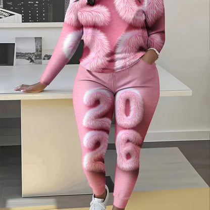 A Stylish Two-Piece Set Featuring a Full Print Fur Design, Consisting of Long-Sleeve Top And Trousers in Pink, Perfect for Travel, Outdoor Gatherings, And Parties. This Complete Outfit Is Ideal for Casual Wear, Gifting, And F