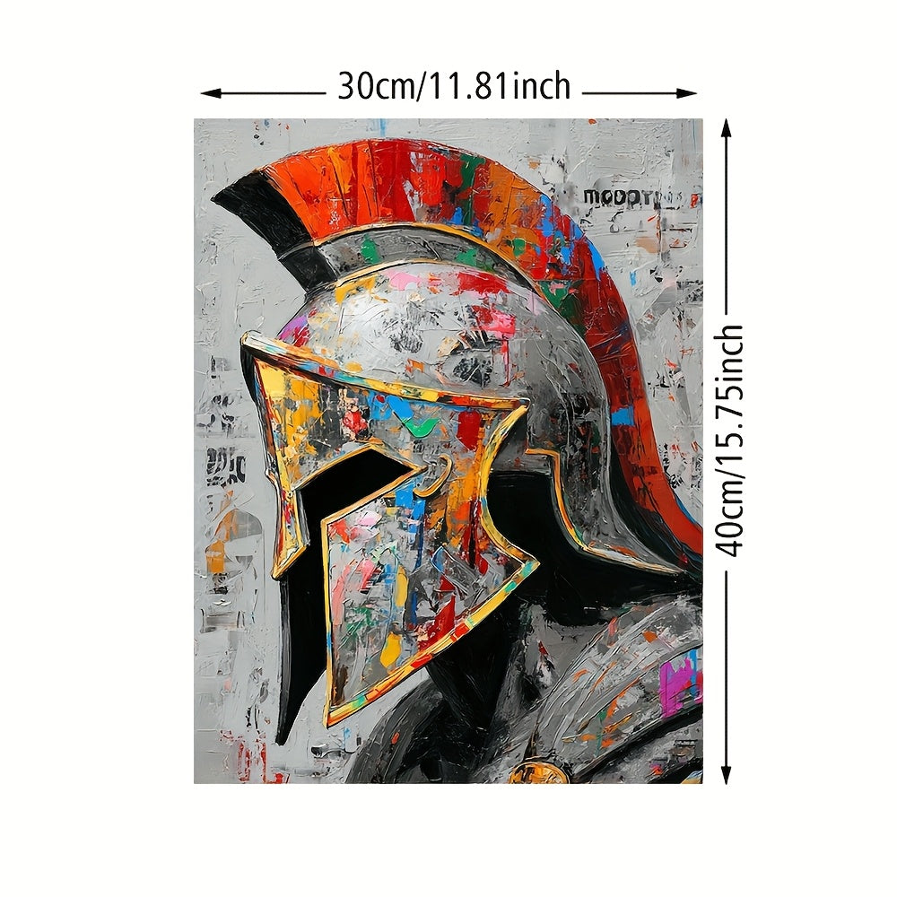 1pc Framed Spartan Helmet Canvas Art - 12x16 Inch HD Oil Painting, Bold Warrior Design with Red & Golden Accents, Modern Home Decor for Living Room, Bedroom, Office - Urban Graffiti Style, Canvas Wall Art, Bedroom Artwork, De