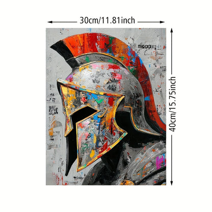 1pc Framed Spartan Helmet Canvas Art - 12x16 Inch HD Oil Painting, Bold Warrior Design with Red & Golden Accents, Modern Home Decor for Living Room, Bedroom, Office - Urban Graffiti Style, Canvas Wall Art, Bedroom Artwork, De