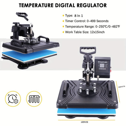 8in 1 Heat Press Machine Multifunctional, 15"x12" T Shirt Press Machine, 360° Rotation Shirt Press Machine Sublimation Heat Transfer for T Shirts Mug Hat Plate