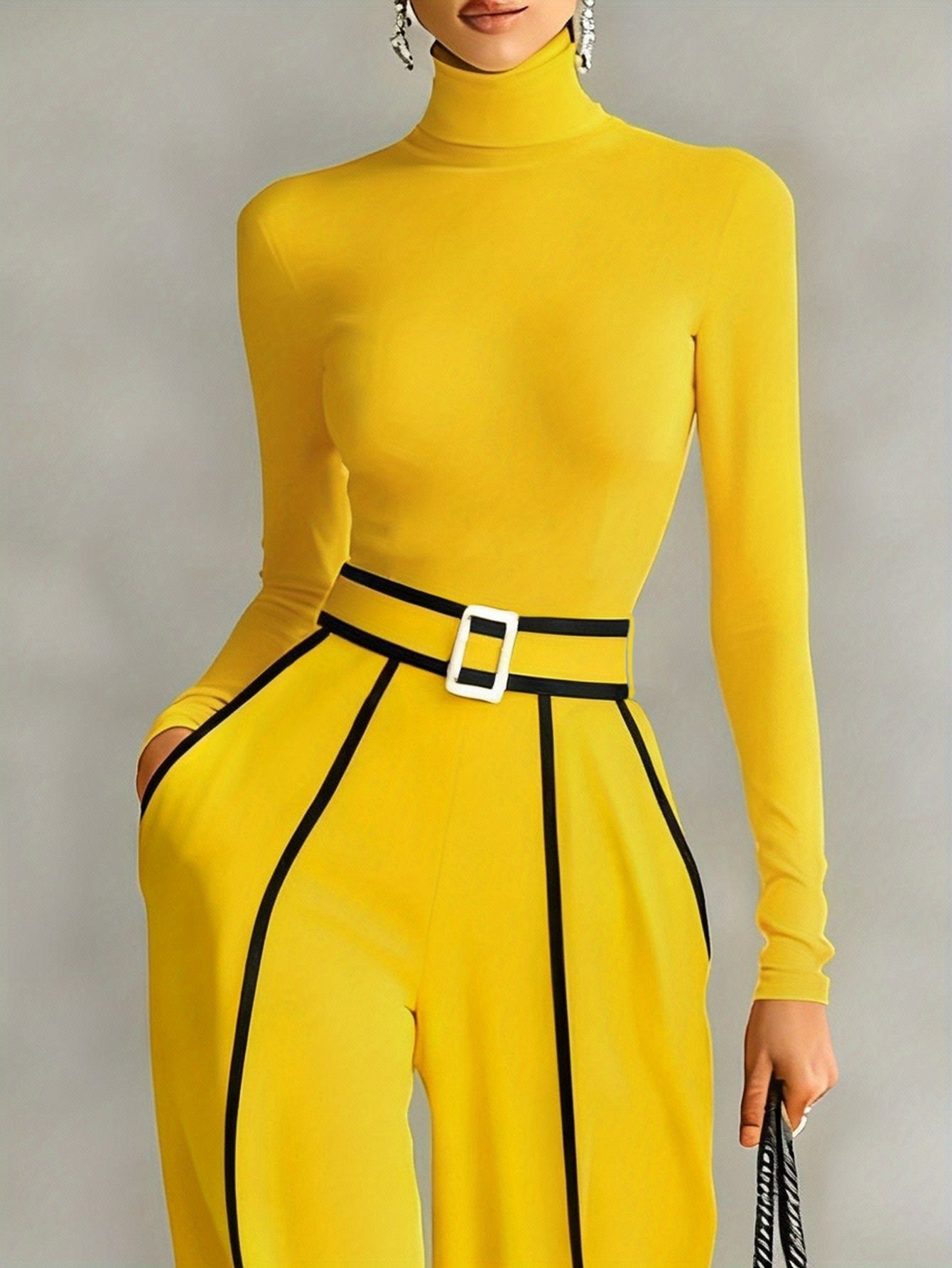 Women's Two-Piece Set: High-Neck Long-Sleeve Top with Contrast Straight-Leg Pants Featuring Pockets and Belt, Elegant and Versatile Design for Autumn/Winter Commuting