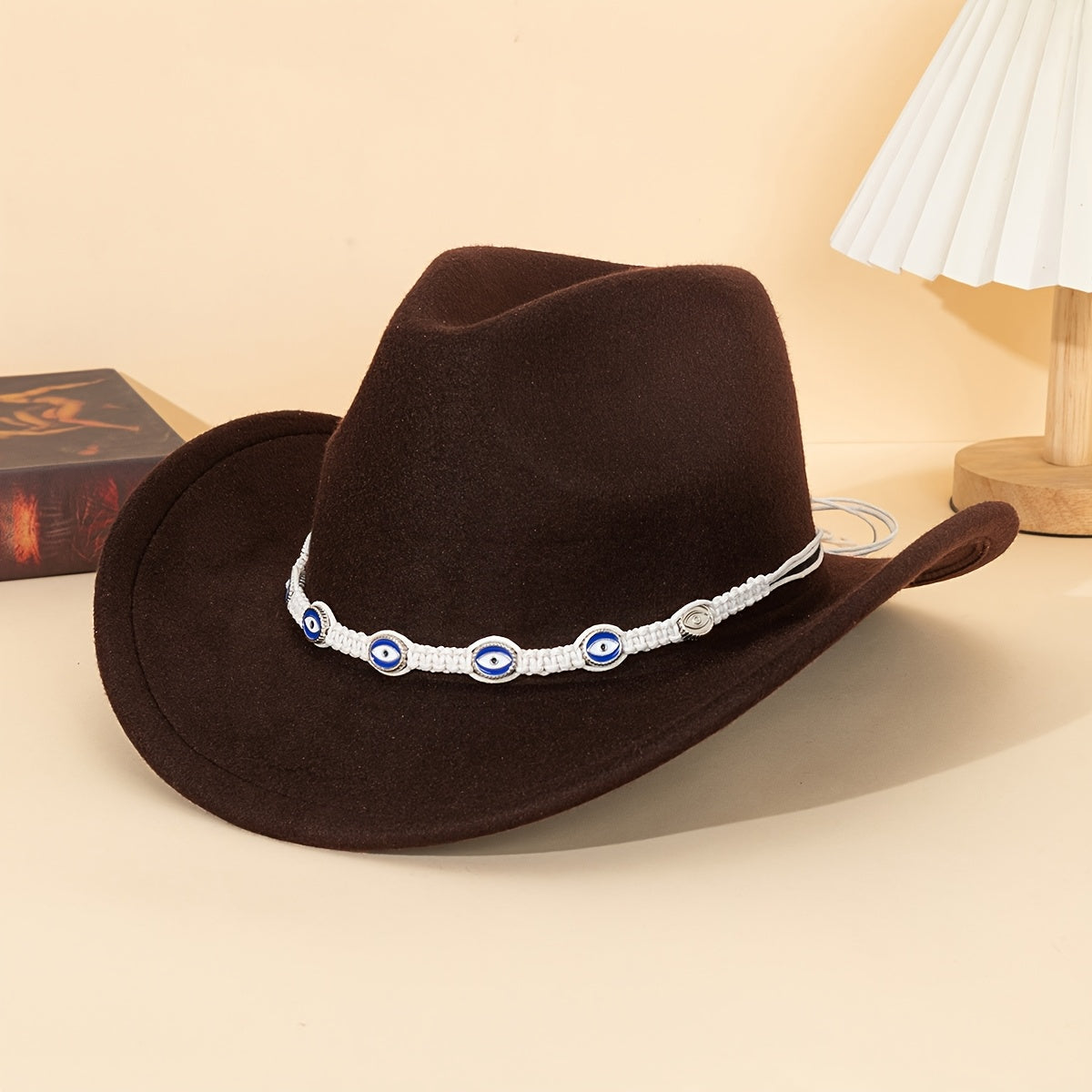 1pc Unisex Western Cowboy Hat with Blue Embellished Band - Lightweight All-Season Detachable Decorative Hat for Outdoor Travel, Parties & Festivals
