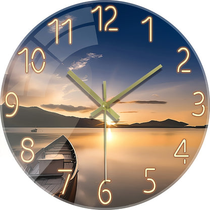 12 Inch Silent Glass Wall Clock with Sunset Mountain Lake Scene & Boat Design - Thickened Reinforced Glass, Battery Operated AA (Not Included), Modern Round Clock for Living Room, Bedroom Decor - Perfect Holiday, Birthday Gif