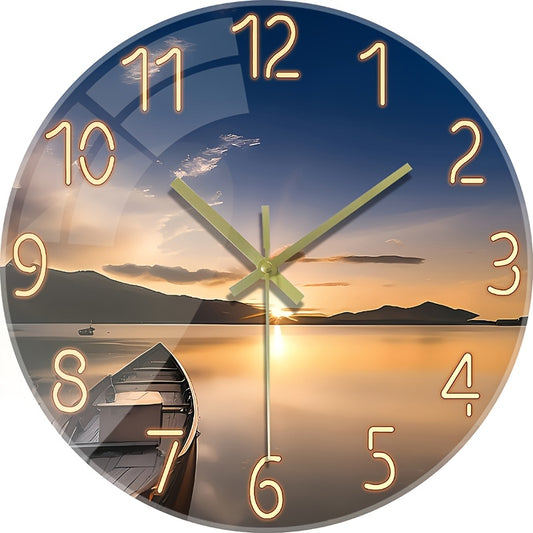 12 Inch Silent Glass Wall Clock with Sunset Mountain Lake Scene & Boat Design - Thickened Reinforced Glass, Battery Operated AA (Not Included), Modern Round Clock for Living Room, Bedroom Decor - Perfect Holiday, Birthday Gif