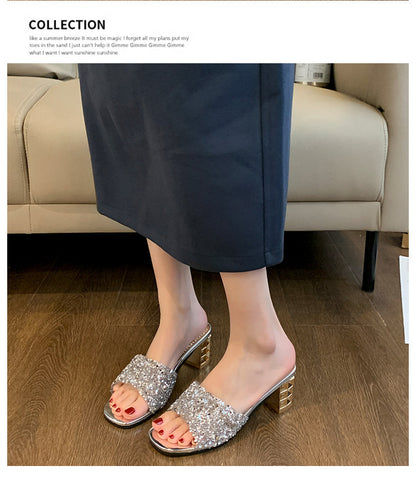 Women'S Chunky Heel Sandals - Slip-On Open-Toe High Heels with Ankle Strap, Golden Glamorous Party Shoes for Formal Events, Weddings, Nightouts - Cushioned Insole & Non-Slip PVC Sole - Available in Wide Widths (Women'S Summer