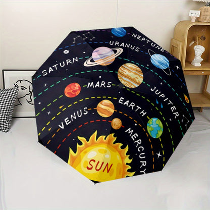 Automatic Open/Close Umbrella with One-Touch Button - Solar System Design (Planets, Stars) - Compact Folding Umbrella with 8-Rib Strong Frame - All-Season Portable Umbrella for Travel, School, Office, Gifts - Space-Themed Dec